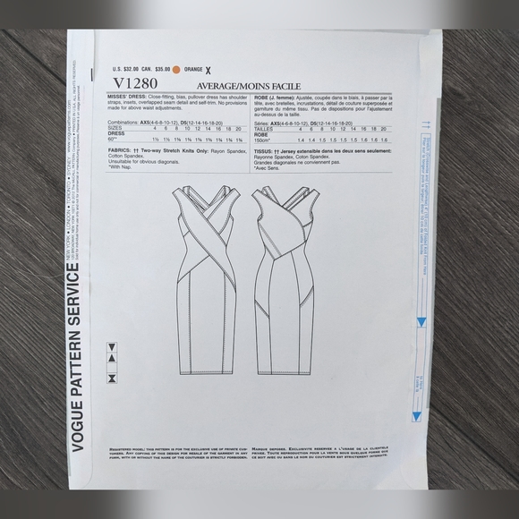 Vogue V1280 Donna Karan Sewing Pattern Bias Pullover Cocktail Dress Size 12-20 - Picture 5 of 5